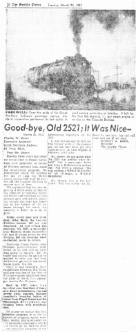 1953 news story about last GN steam locomotive (2521 Class P-2 "Mountain") to run out of Seattle. As with the 1950 "Last Run" story (see PDF file section below), it is in the form of an open letter to GN management. George Leu Collection, GNRHS Archives.