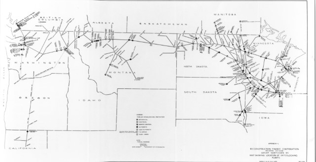 Map of interlockings on the GN circa 1935, showing location, type, number of levers, and ownership.  From GNRHS Archives, Martin Evoy collection.